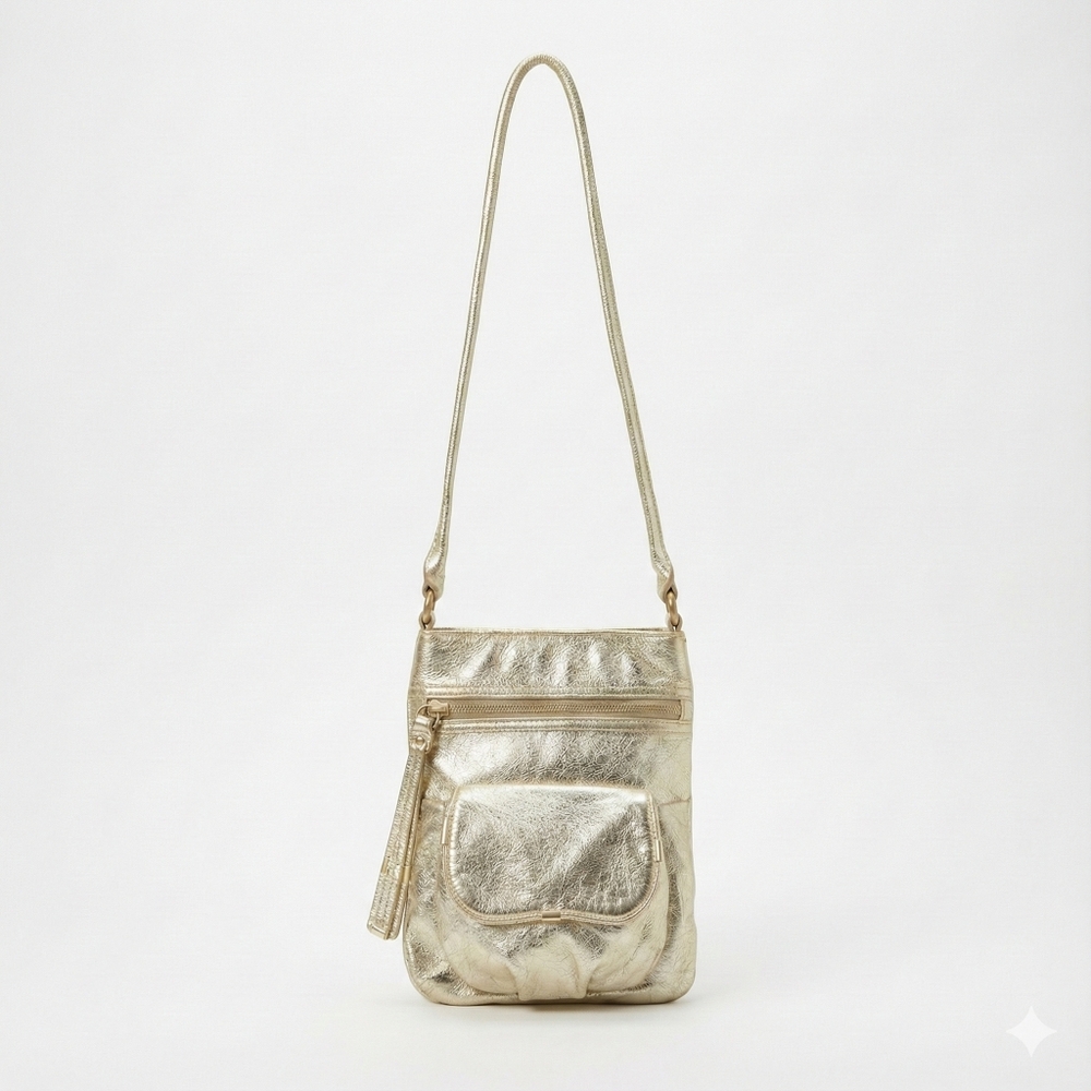 ✨ B. Makowski Champagne Gold Leather Crossbody 🥂 Metallic Boho Chic Bag ✨